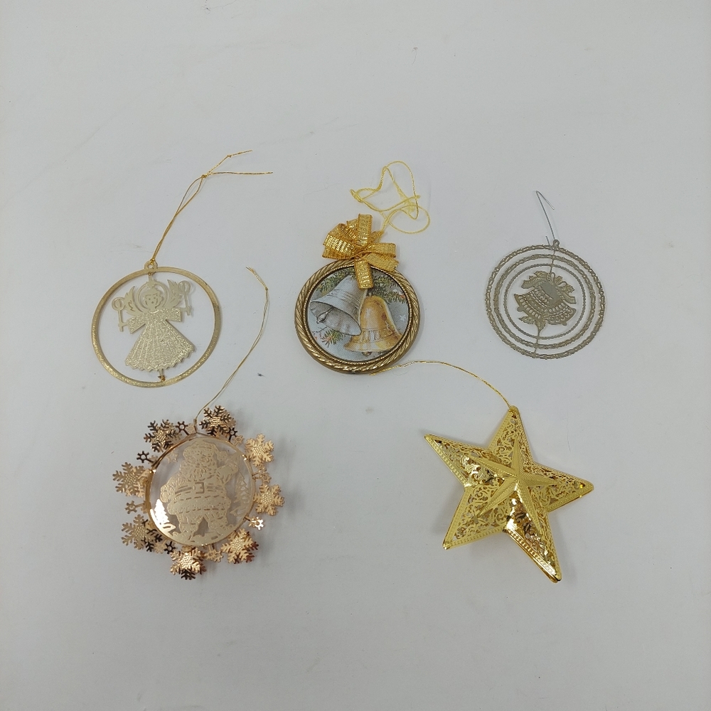 Vintage Lot Of 5 Brass Hanging Christmas Ornaments 3D Gold Tone Decorations